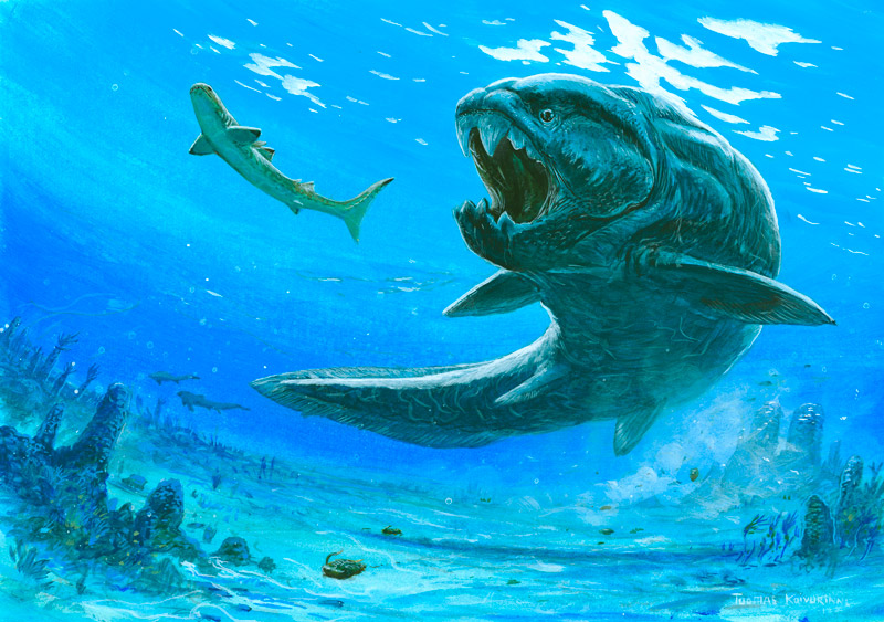 Suuri sukupuuttoon kuollut petokalaa yrittää saada pienemmän kalan suuhunsa (maalaus).