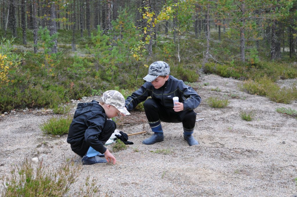 Kaksi lasta tutkii metsässä luontoa ja kerää maasta näytteitä