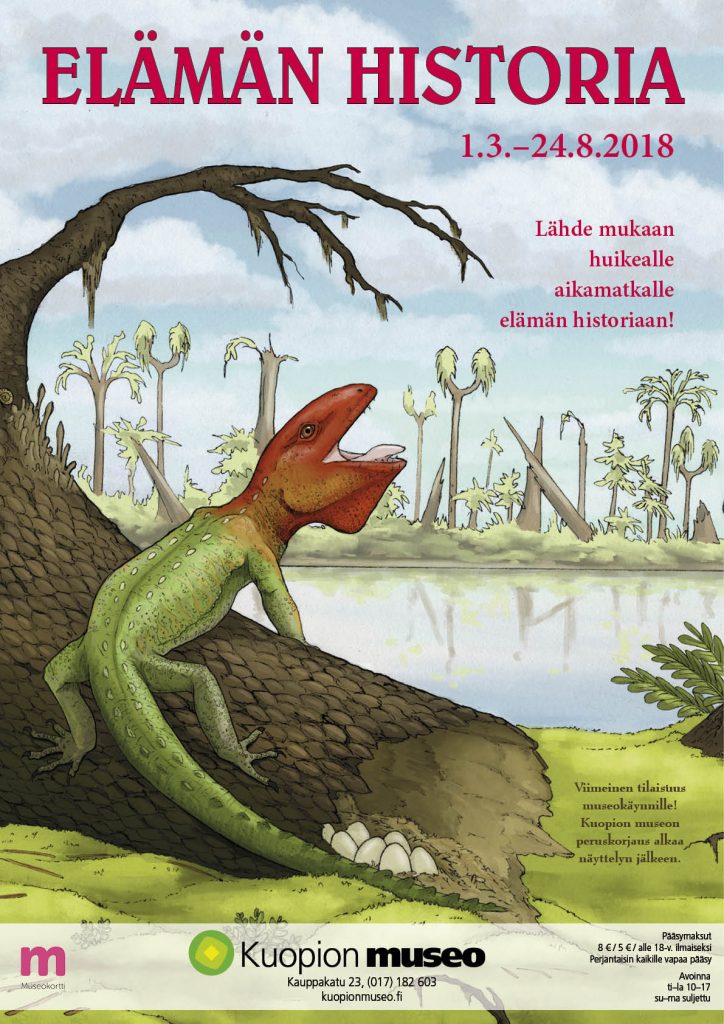 Elämän historia -näyttelyjulisteessa punavihreä muinainen sammakkoeläin seisoo kaatuneella suurella saniaisen rungolla. Sen pyrstön vieressä on munia. Taustalla näkyy saniaismetsä ja lampi.