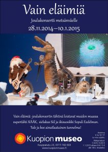 Vain eläimiä -näyttelyn julisteessa on eläimiä ja joulutonttuja soittamassa konsertissa