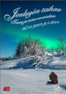 Jouluyön taikaa -näyttelyjulisteessa on luminen talviyö. Karhunpentu istuu lumessa ja katsoo vihreitä revontulia.