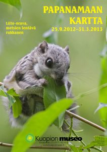 Papanamaan kartta -näyttelyjulisteessa liito-orava syö vihreää pajunlehteä