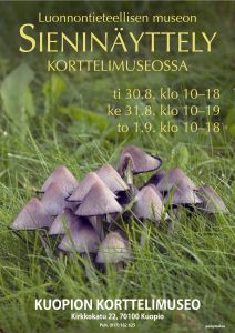 Sieninäyttely-julisteessa on harmaita mustesieniä ruohikossa.